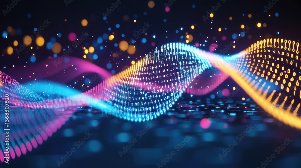 Abstract digital waves, vibrant colors, dark background, glittering particles Abstract digital waves, vibrant colors, dark background, glittering particles