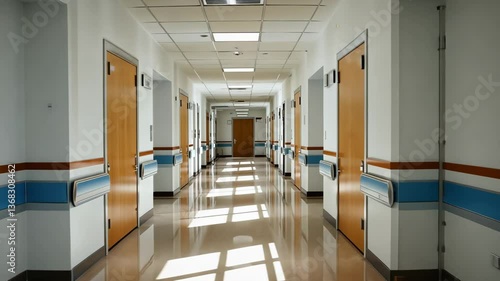 Long, clean hospital hallway with closed wooden doors and blue striped walls