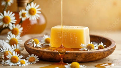 Luxurious honey soap bar on wooden dish with honey drizzles and chamomile flowers