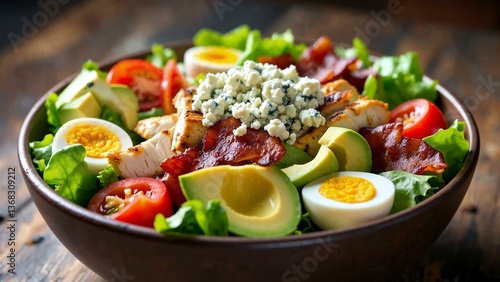 Delicious Cobb salad with vibrant ingredients served in an elegant bowl