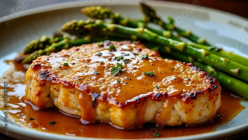 Tender pork chops glazed with honey mustard sauce served with grilled asparagus for a perfect summer meal