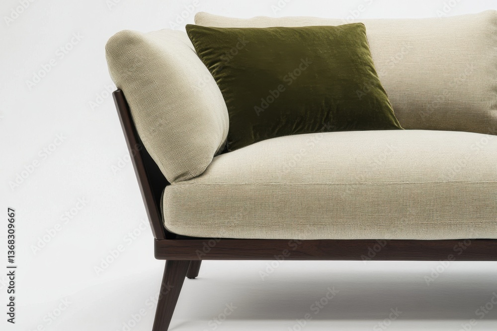 Fototapeta premium Experience the charm of an elegant sofa design showcased in soothing neutral tones, complemented by a stylish accent pillow—perfect for enhancing modern living spaces.