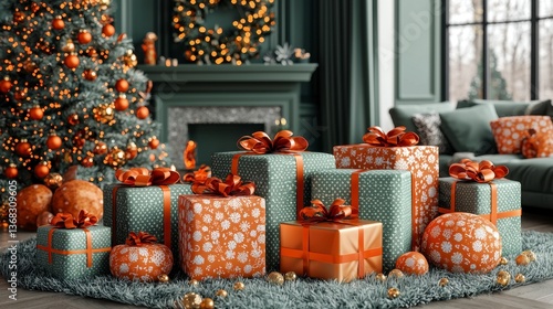 Cozy Living Room with Festive Christmas Gifts and Decorated Tree