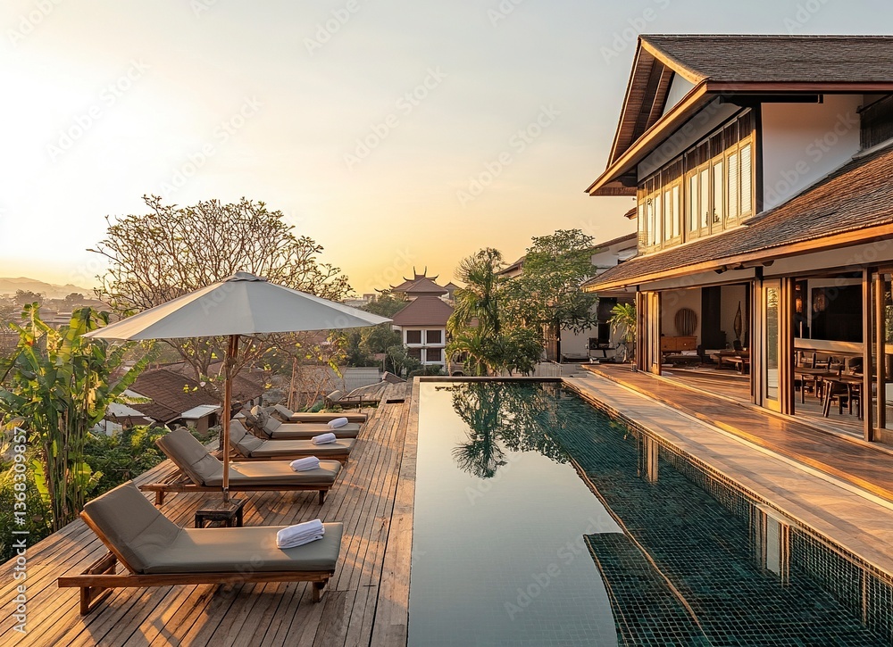 Fototapeta premium In the photo, there is an outdoor swimming pool with a wooden deck and sun loungers. There's also a large umbrella at one end of the deck. The background features buildings in Chiang Mai city under.