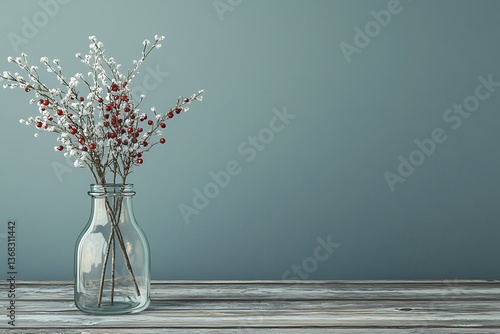 Winter Berries and Branches in Glass Bottle on Rustic Wooden Table Against Teal Wall.
