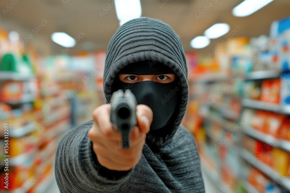 Obraz premium Masked robber threatening with gun at store checkout