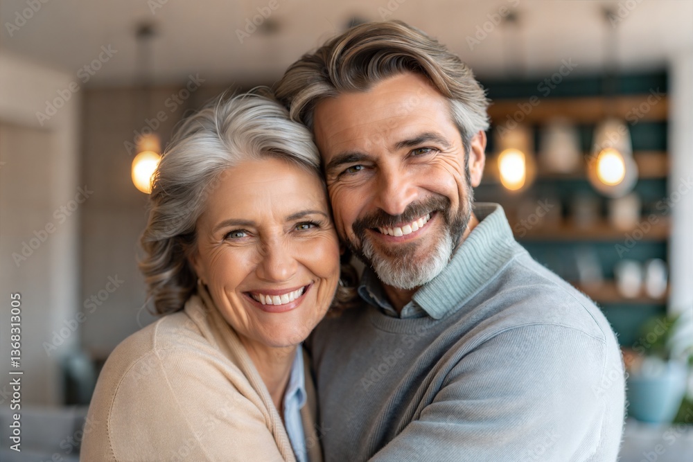 Portrait of a smiling middle-aged couple embracing at home. A joyful moment of companionship and love. (Marriage) Portrait of a smiling middle-aged couple embracing at home. A joyful moment of companionship and love. (Marriage)