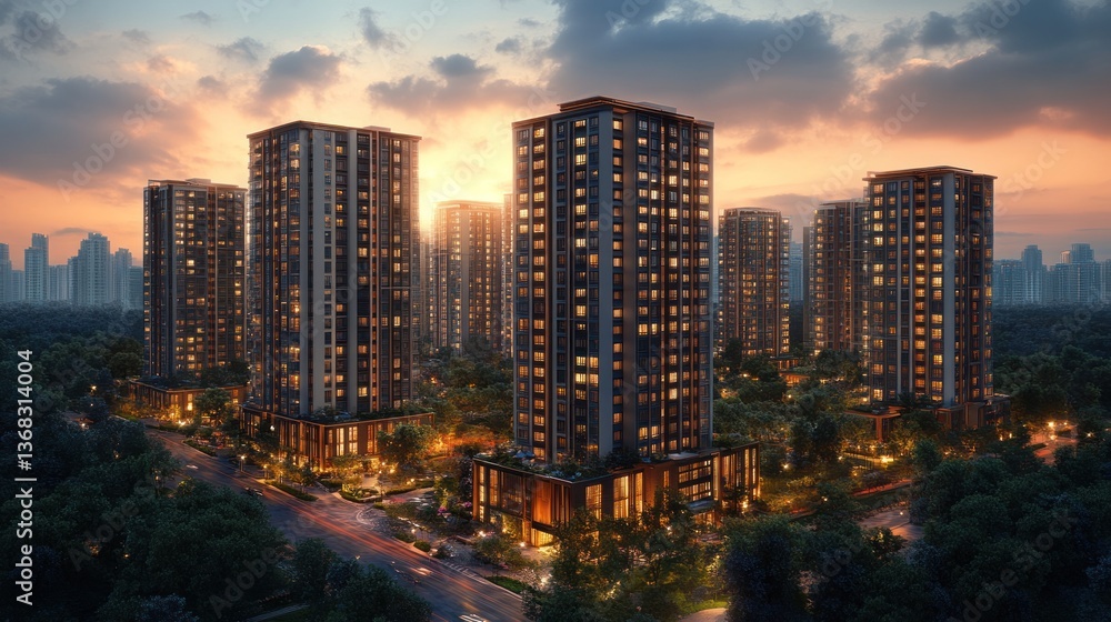 Obraz premium Residential Complex at Sunset: Luxurious Apartments in Urban Greenery