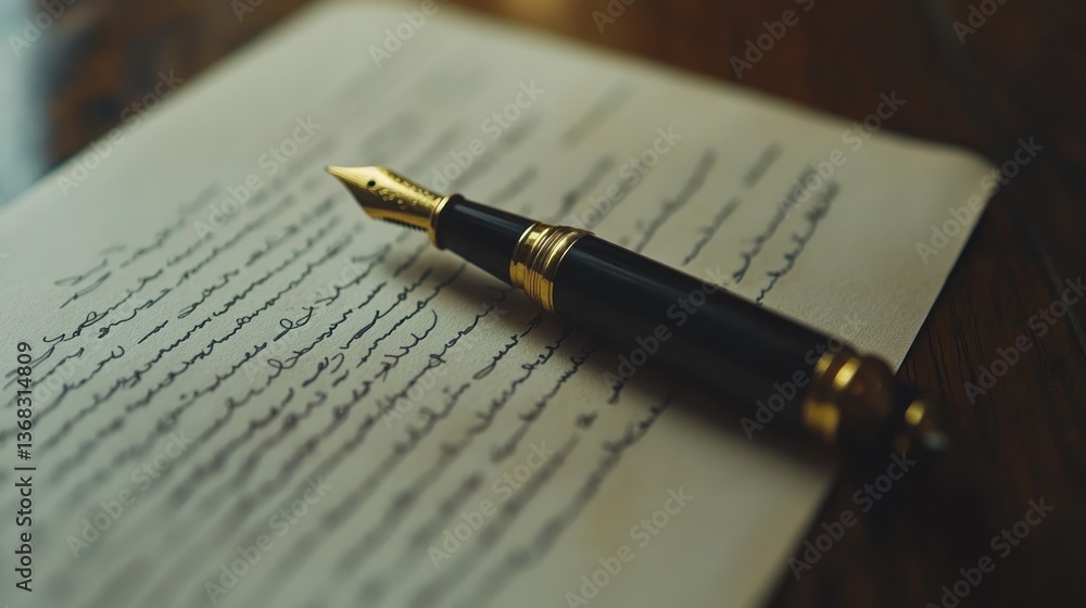 A classic fountain pen resting upon a handwritten letter A classic fountain pen resting upon a handwritten letter