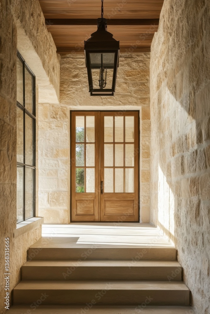 Obraz premium The inviting entrance features rustic stone walls and elegant wooden double doors, illuminated by a charming lantern that casts a warm glow during the afternoon hours
