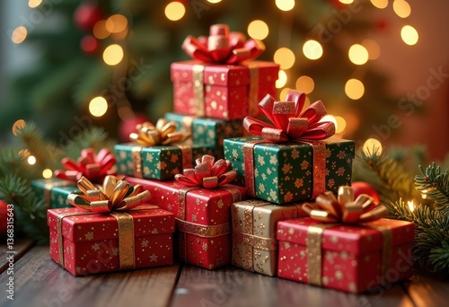 colorful gift boxes vibrant holiday decorations festivity celebration joy christmas spirit wrapping ribbon bows, ornament, cheer, present, paper, parcel, package