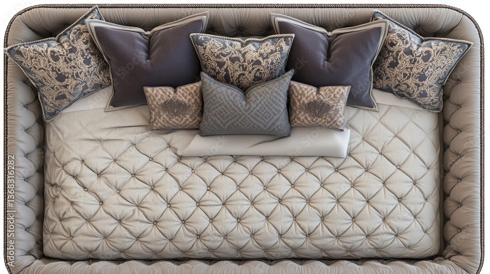 Naklejka premium Luxurious Bed Display: An overhead perspective offers a glimpse of a meticulously crafted bed, featuring an inviting arrangement of pillows and a plush, quilted headboard.
