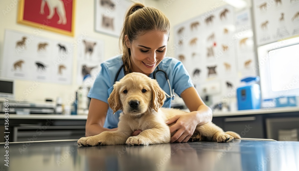 Veterinarian gently examines a golden retriever puppy on an examination table in a veterinary clinic The puppy looks c Veterinarian gently examines a golden retriever puppy on an examination table in a veterinary clinic The puppy looks c