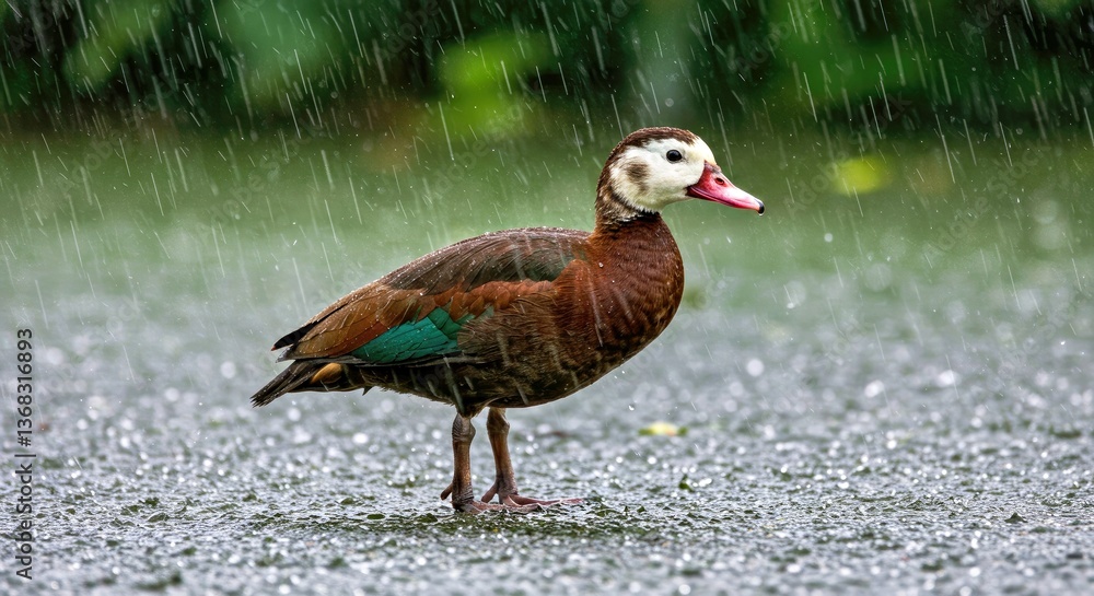 Obraz premium A white-faced whistling duck standing in heavy tropical rain-