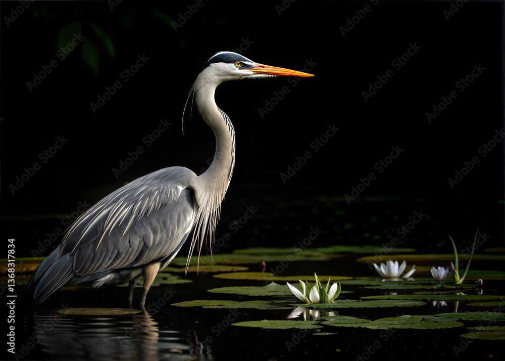 Obraz premium A beautifully lit grey heron stands gracefully in a still pond, surrounded by white water lilies.