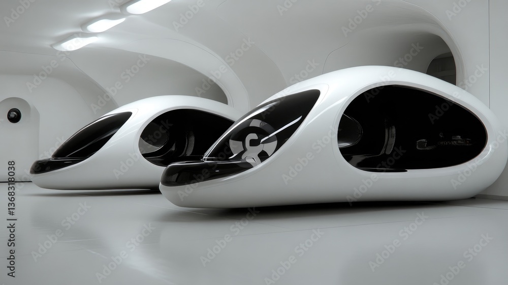 Naklejka premium Futuristic pods in a sleek, modern, white interior. Two smooth, egg-shaped vehicles are parked in a spacious, curved, white room