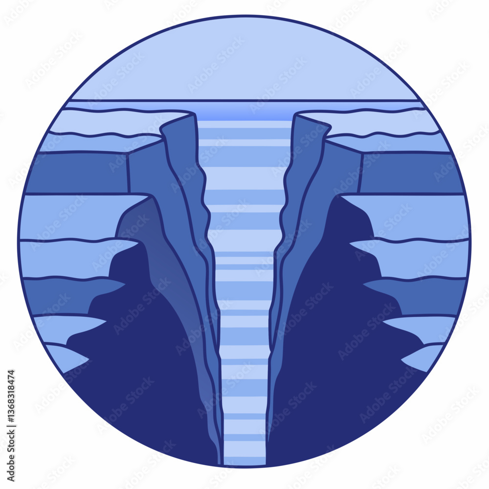 Deep ocean trench with layered seabed in blue tones Deep ocean trench with layered seabed in blue tones
