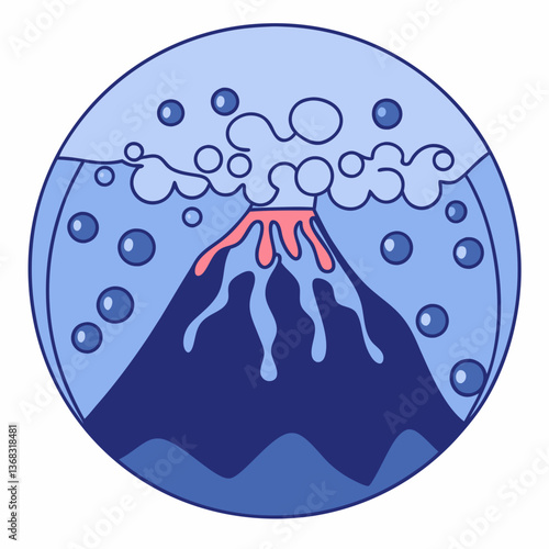 Underwater volcano erupting with smoke and lava in blue circle