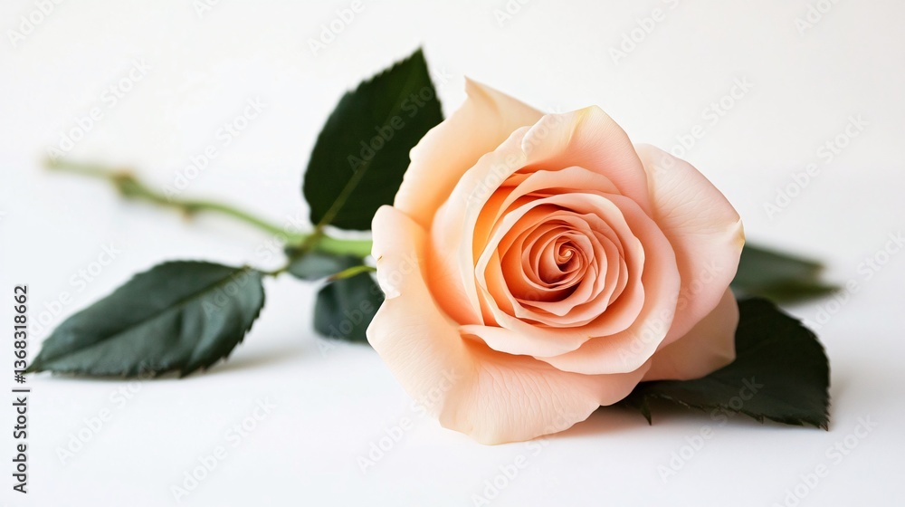 Fototapeta premium Peach rose blooming on white background symbolizing love and romance
