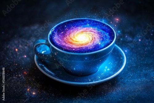 Surreal teacup or coffee cup with swirling galaxy inside, cosmic drink concept symbolizing imagination and creativity

