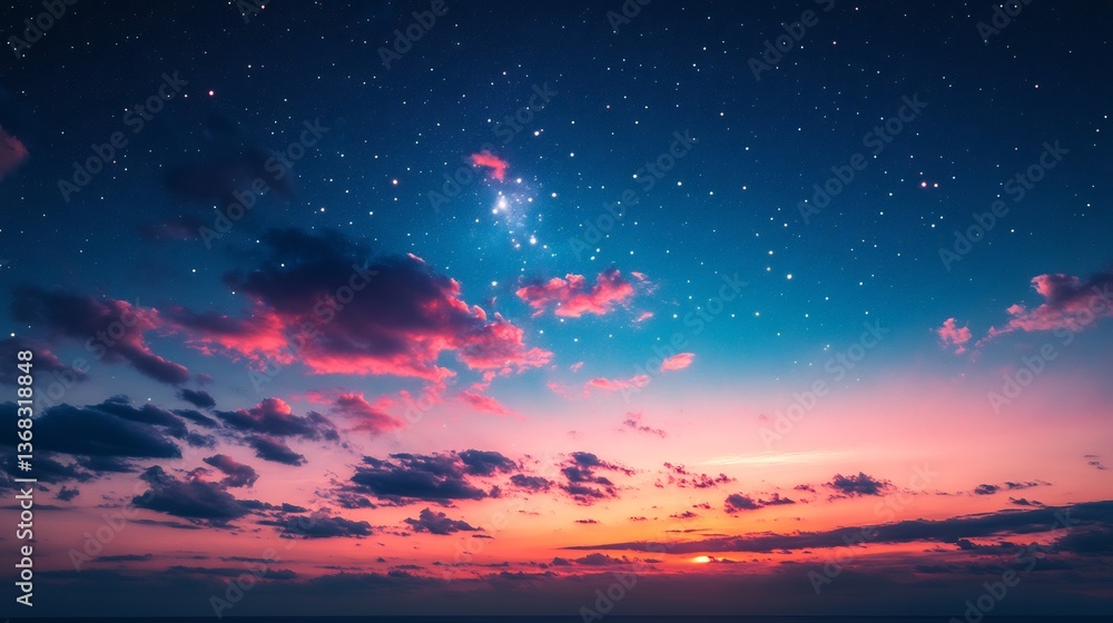 Fototapeta premium Stunning night sky with stars and colorful sunset clouds panorama