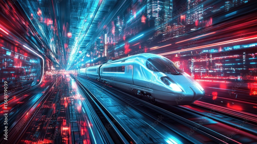 The futuristic high speed train moving through a glowing city tunnel The futuristic high speed train moving through a glowing city tunnel
