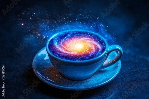 Surreal teacup or coffee cup with swirling galaxy inside, cosmic drink concept symbolizing imagination and creativity
