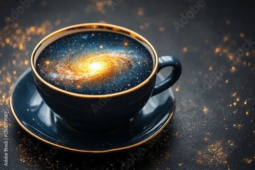 Surreal teacup or coffee cup with swirling galaxy inside, cosmic drink concept symbolizing imagination and creativity
