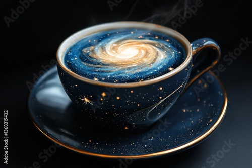 Surreal teacup or coffee cup with swirling galaxy inside, cosmic drink concept symbolizing imagination and creativity
