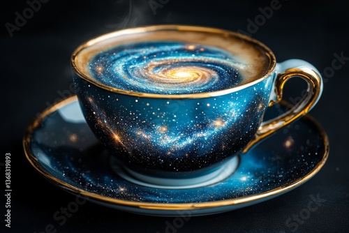 Surreal teacup or coffee cup with swirling galaxy inside, cosmic drink concept symbolizing imagination and creativity
