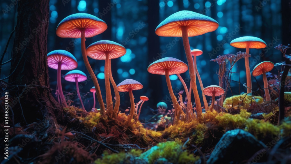 Fototapeta premium Glowing bioluminescent mushrooms in a mystical forest with ethereal blue and orange light