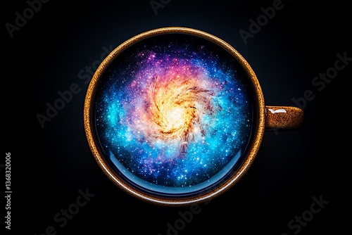 Surreal teacup or coffee cup with swirling galaxy inside, cosmic drink concept symbolizing imagination and creativity
