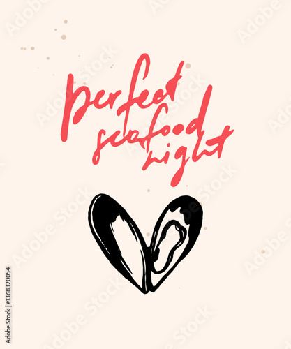 Seafood restaurant minimal elegant poster, heart shaped mussel drawing. Romantic dinner typography print