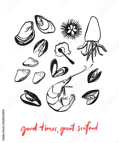Seafood restaurant poster, minimal elegant line sketch drawing of mussels and fish. Hand lettering inspirational quote