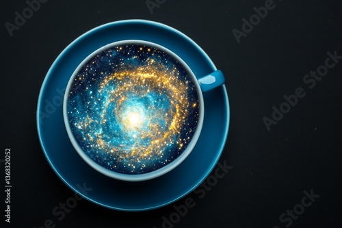 Surreal teacup or coffee cup with swirling galaxy inside, cosmic drink concept symbolizing imagination and creativity
