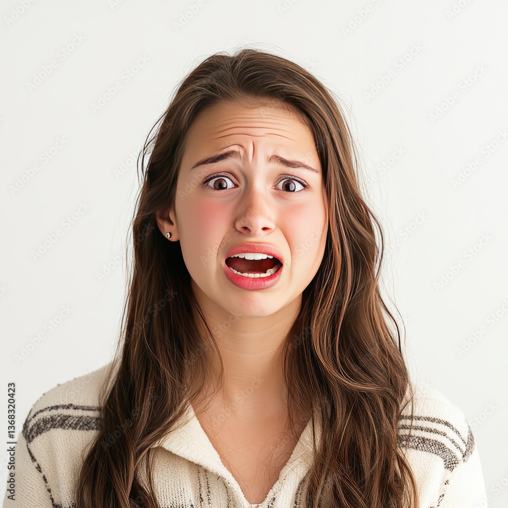 uncomfortable and humiliated girl with awkward expression on white background
uncomfortable and humiliated girl with awkward expression on white background