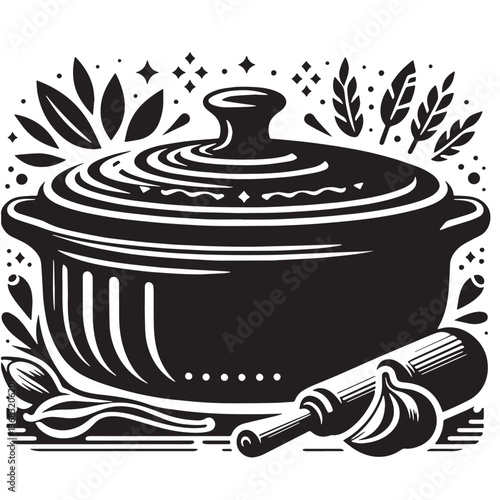 Black Color Casserole Dish Silhouette Vector Illustration, Solid White Background