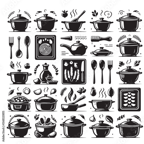 Black Color Casserole Dish Silhouette Vector Illustration, Solid White Background