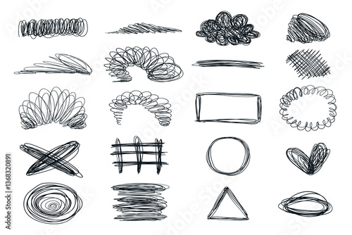 Black and White Chaotic Lines and Abstract Loops isolated on White Background. Hand Drawn Scribble Shapes Collection. Perfect for modern art prints, design textures