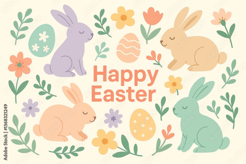 Four colorful easter bunnies surrounding cheerful happy easter text, accompanied by beautifully decorated eggs and vibrant spring flowers, creating a delightful holiday atmosphere Four colorful easter bunnies surrounding cheerful happy easter text, accompanied by beautifully decorated eggs and vibrant spring flowers, creating a delightful holiday atmosphere