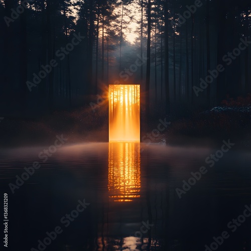 Wallpaper Mural A Captivating Portal Forged from Beams of Light and Shadows Hovering Over a Picturesque Lake at Dusk Radiating Peace and Mystical Allure Torontodigital.ca