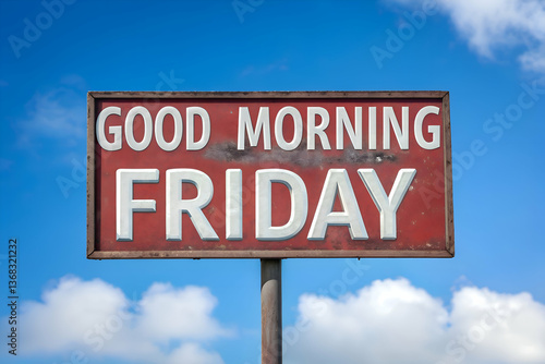 A vintage street sign with bold white good morning friday words under blue sky
