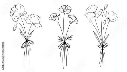 Poppy Flower Silhouettes Set for Minimalist Botanical Vector Art