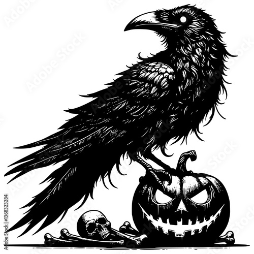 Mysterious Night: A detailed illustration of a spooky raven perched atop a carved jack-o'-lantern, creating a spine-chilling scene with a skull and crossbones, ready for Halloween night.