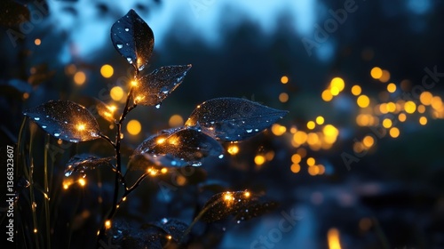 Nighttime glow on dewy leaves