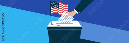 Electoral participation concept with ballot box, voting hand, and American flag