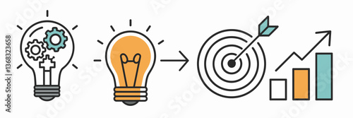 Innovation and goal achievement concept with lightbulb, gears, target, and dollar sign – Perfect for startups, business growth, and finance themes.