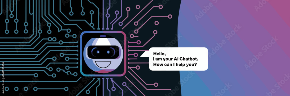 Obraz premium AI chatbot conversation with binary code, a smiling robotic face, and a futuristic gradient background
