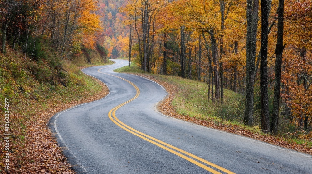 A picturesque curvy mountain road in autumn, with trees turning golden and the road winding through a forested landscape A picturesque curvy mountain road in autumn, with trees turning golden and the road winding through a forested landscape