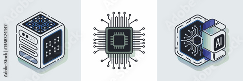 Minimalistic vector icons of a quantum computer, chip with circuit connections, and AI-powered device – Great for modern tech, quantum computing, and digital innovation.